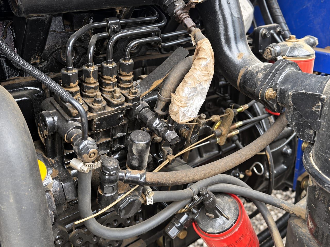 Agriculture Tractor 504 engine bay from the side: the injection pump, the fuel lines and the fuel filter