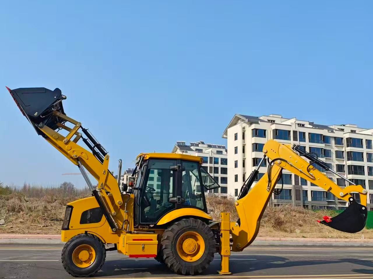 LJ3CX-A backhoe loader side elevation, loader arms raised at the front and the backhoe extended at the rear