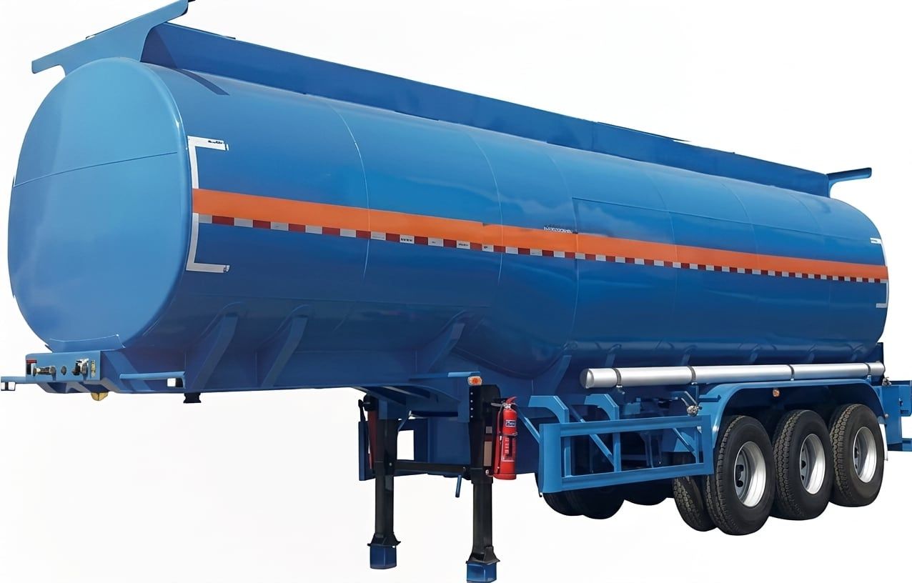 Semi-remorque citerne pétrolière, vue de côté, citerne bleue avec bande orange, trois essieux et béquilles abaissées