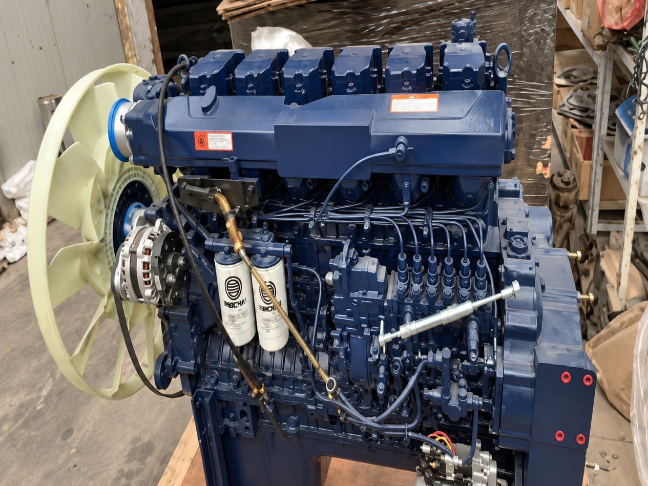 Tracteur routier Shacman Delong F3000 6×4, moteur photographié sur une palette, hors du châssis