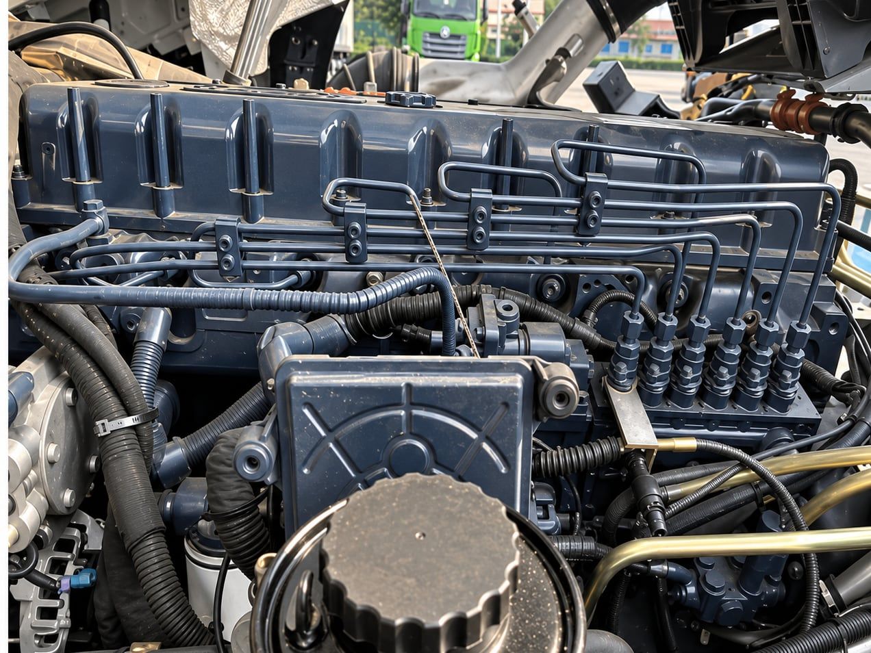 Tracteur routier Shacman Delong M3000 6×4, compartiment moteur photographié par dessus avec la cabine basculée vers l'avant