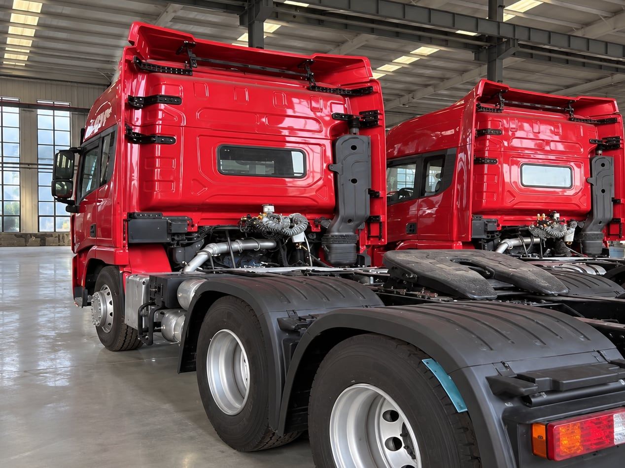 Tracteur routier Shacman Delong X3000 6×4, vue de trois quarts arrière en intérieur, châssis et sellette visibles
