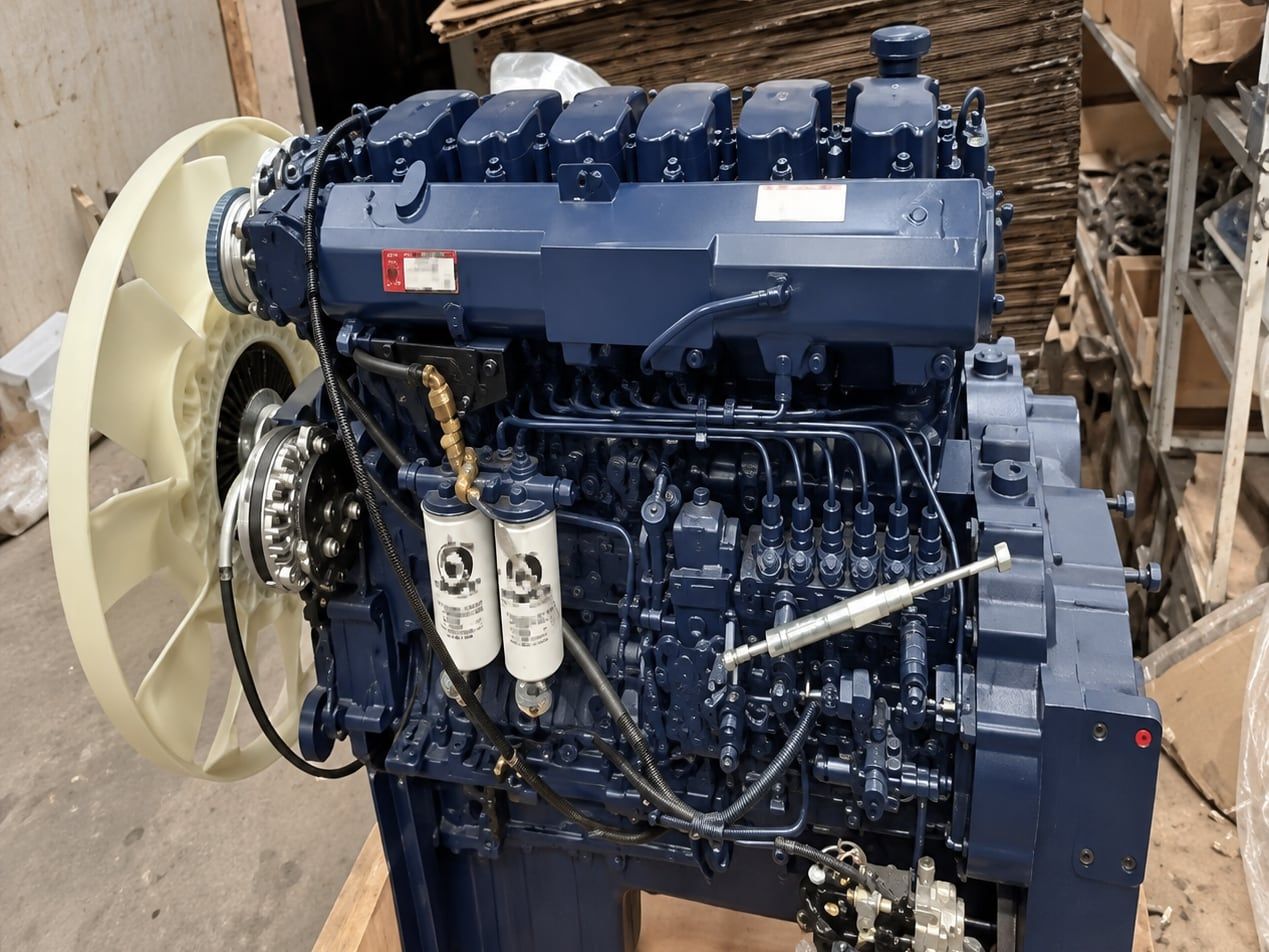 Tracteur routier Shacman Delong X3000 6×4, moteur photographié sur un support, ventilateur de refroidissement derrière