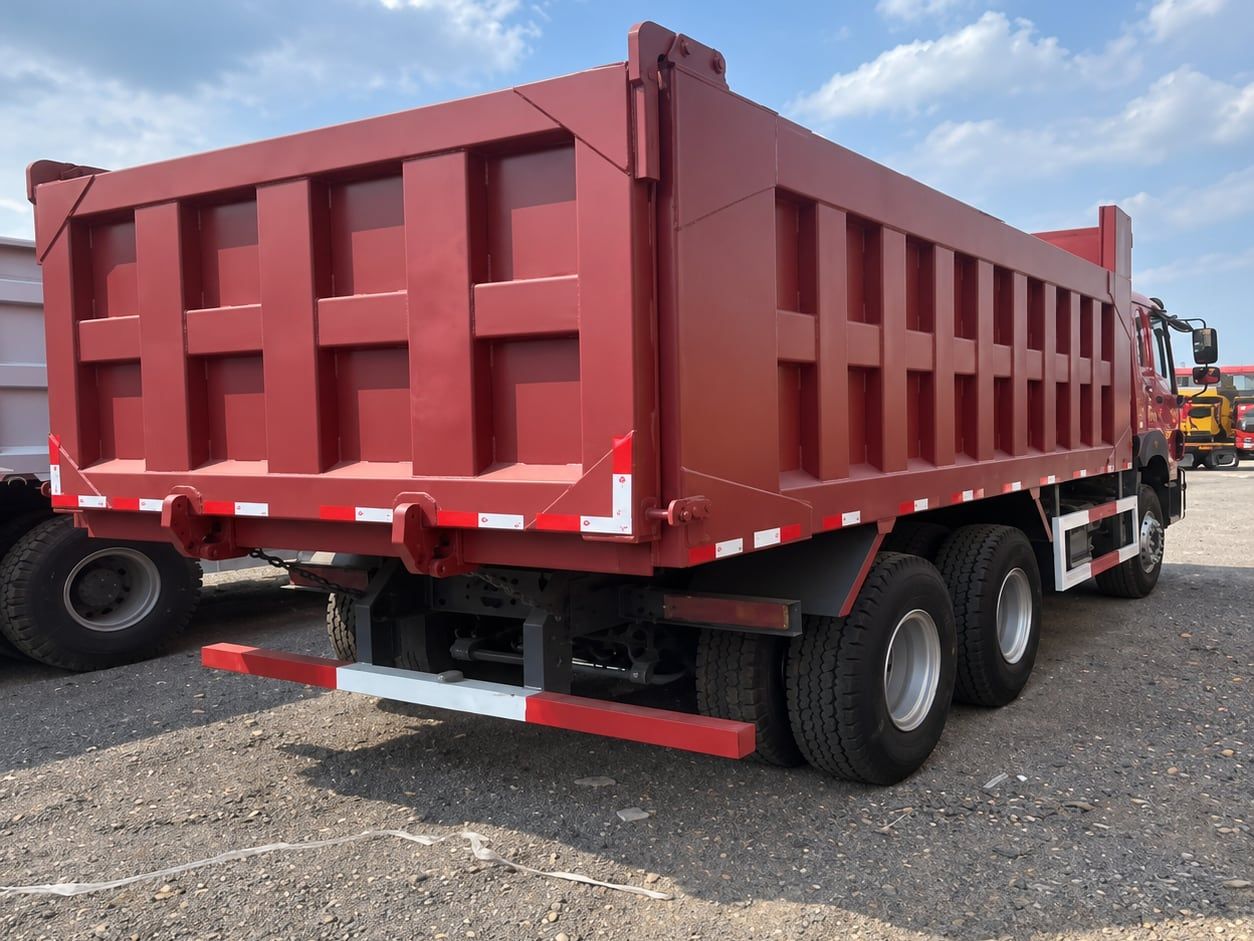 Camion benne Sinotruk HOWO 6×4, benne rouge vue de l'arrière, porte arrière fermée