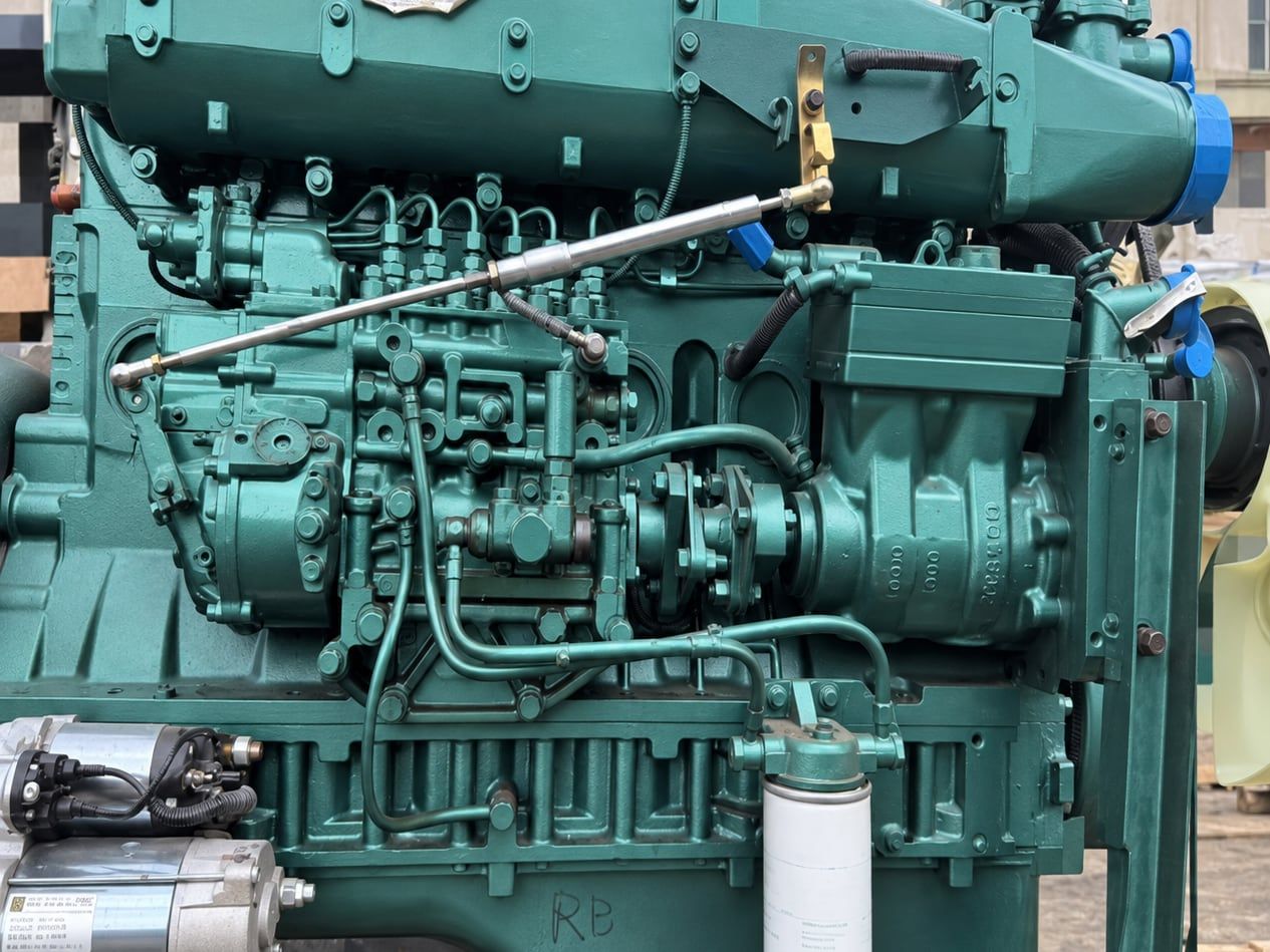 Camion benne Sinotruk HOWO 8×4, moteur diesel six cylindres photographié sur un support, hors du châssis