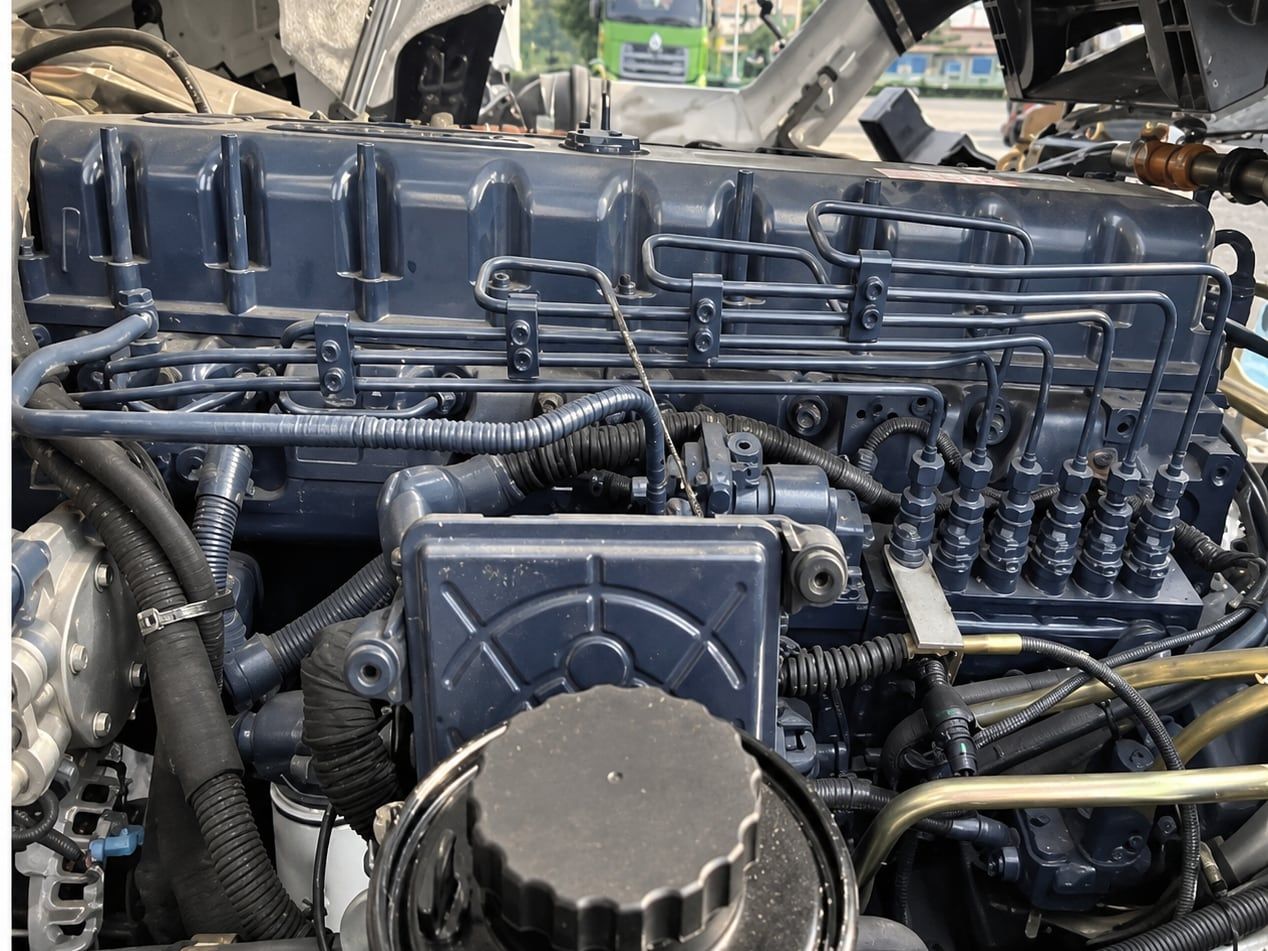Tracteur routier Sinotruk HOWO NX 6×4, compartiment moteur photographié par dessus avec la cabine basculée vers l'avant